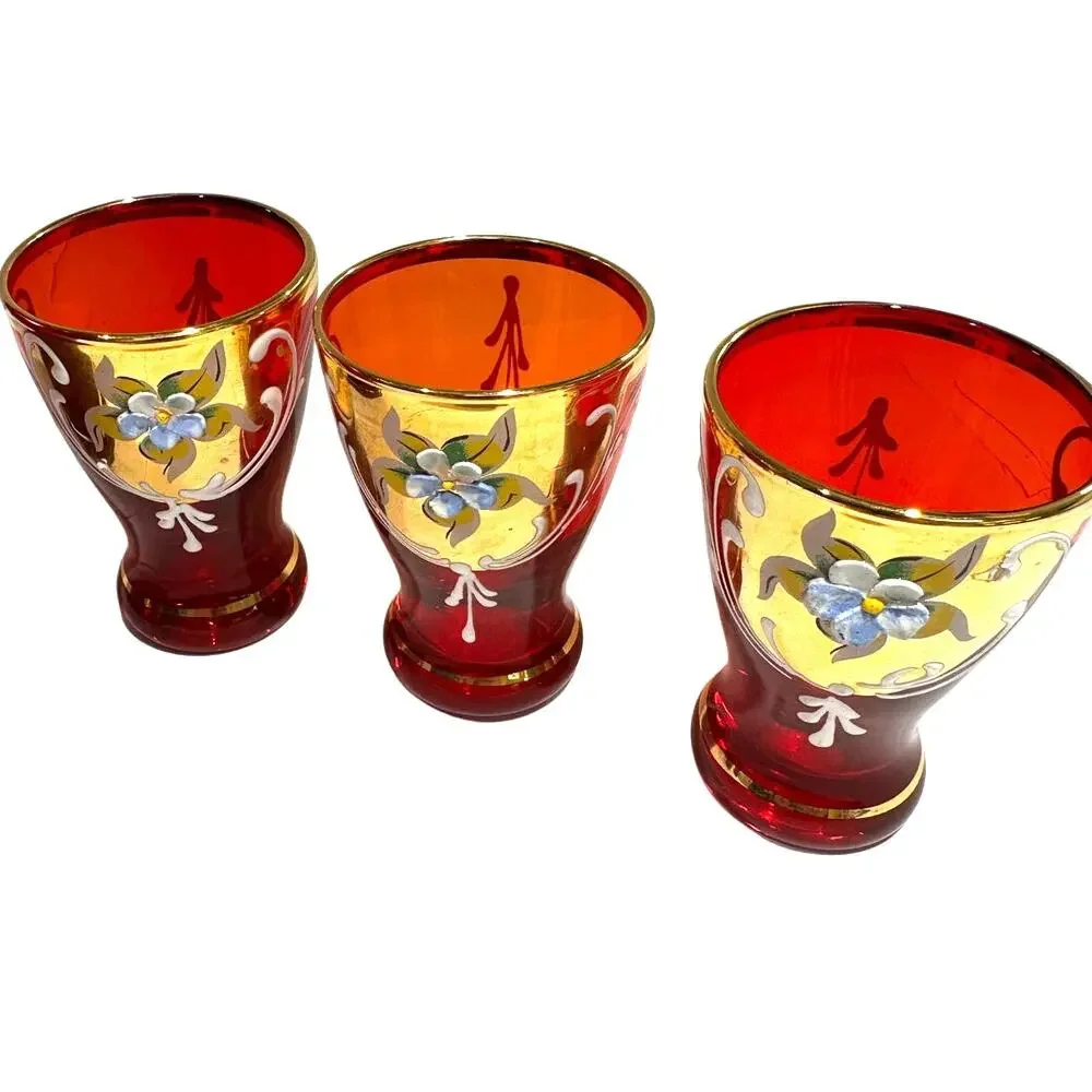 Bohemian Cranberry Glass Decanter Shot Glass Set Hand Painted Gold Floral Design
